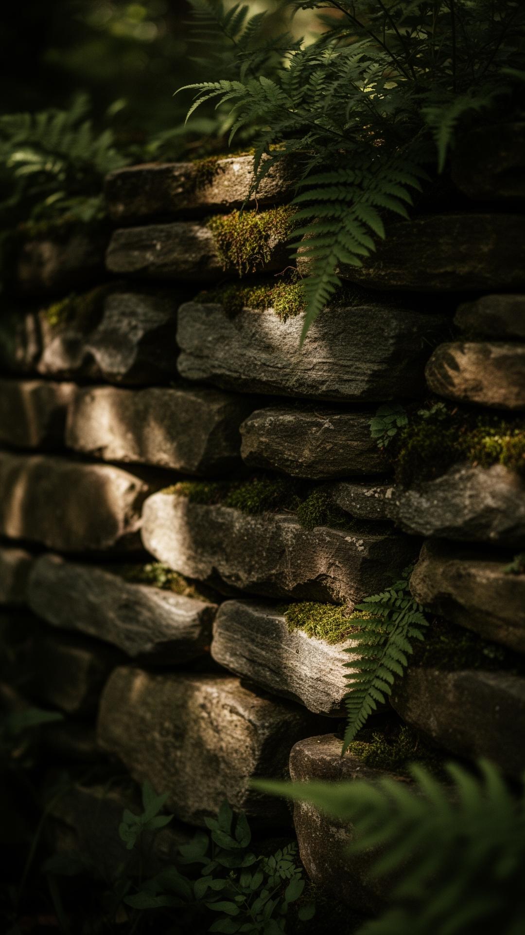 Hand-laid Charleston stone wall with moss and ferns